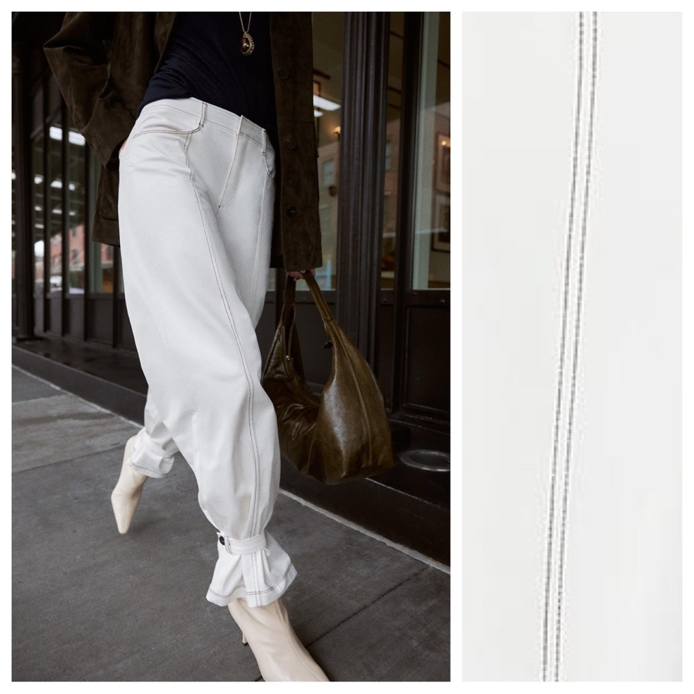 NWT. Zara Oyster-White Cotton Contrast Stitch High-waisted Pants. Size L.
